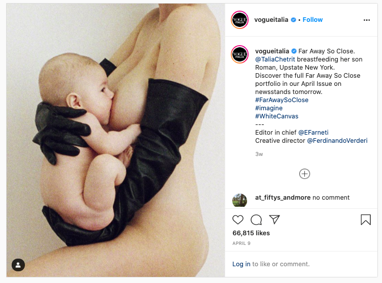 (link: https://www.instagram.com/p/B-w-aRfqY5i/?hl=en text: Talia Chetrit’s recent contribution to ***Vogue Italia***’s *So Far Away So Close* project target: _blank).